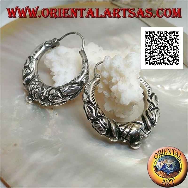 Silver earrings, half-moon circles worked with embossed ethnic decorations 30 mm (classic)