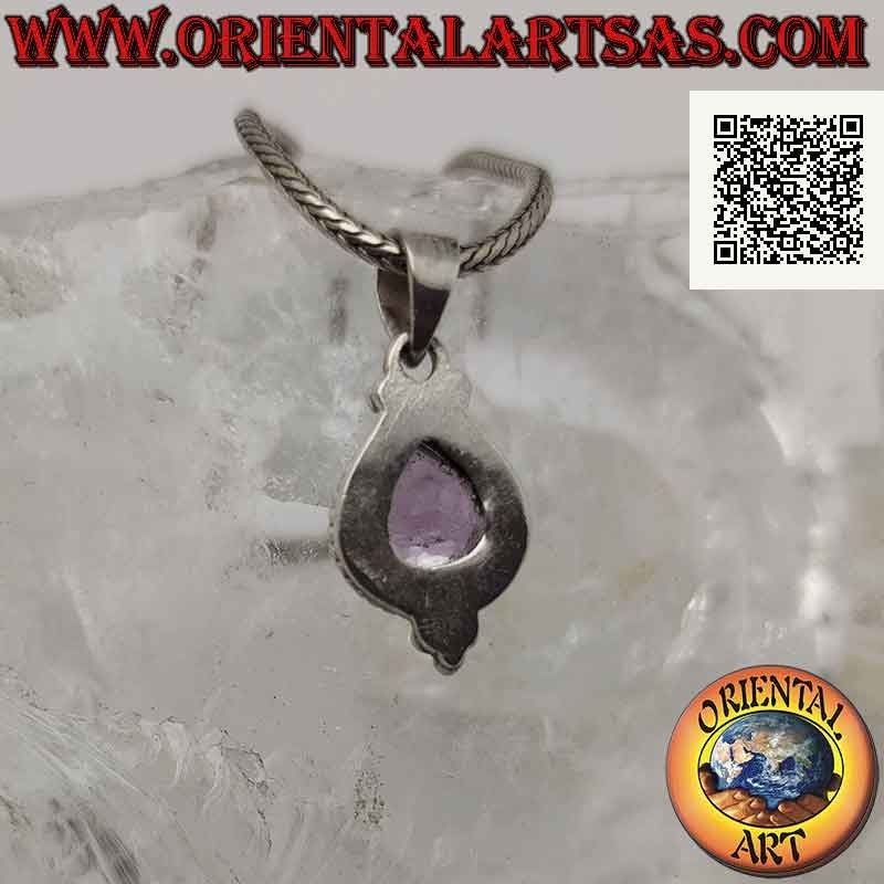 Colgante de plata con amatista en forma de gota rodeada de entretejido y tres bolas debajo (B)