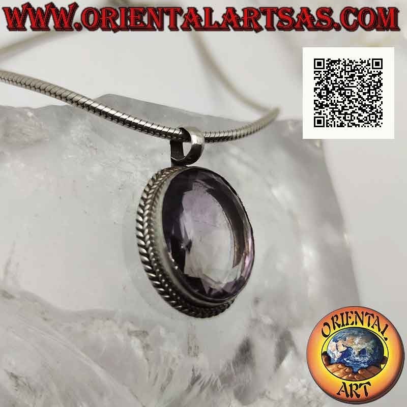 Silver pendant with large natural oval faceted amethyst surrounded by interweaving
