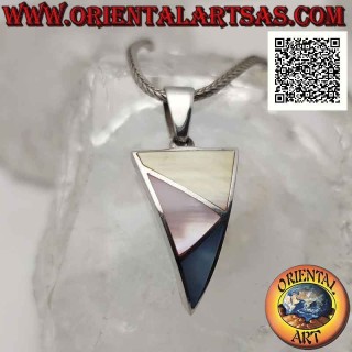 Ciondolo in argento triangolare curvo con tre triangoli scaleni di madreperla multicolor a filo bordo