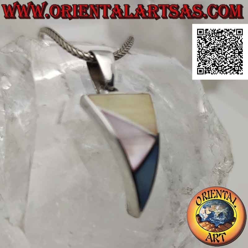 Curved triangular silver pendant with three scalene triangles of multicolor mother of pearl flush with the edge