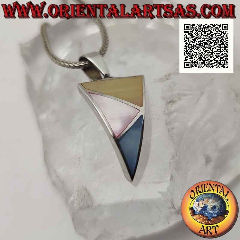 Curved triangular silver pendant with three scalene triangles of multicolor mother of pearl flush with the edge