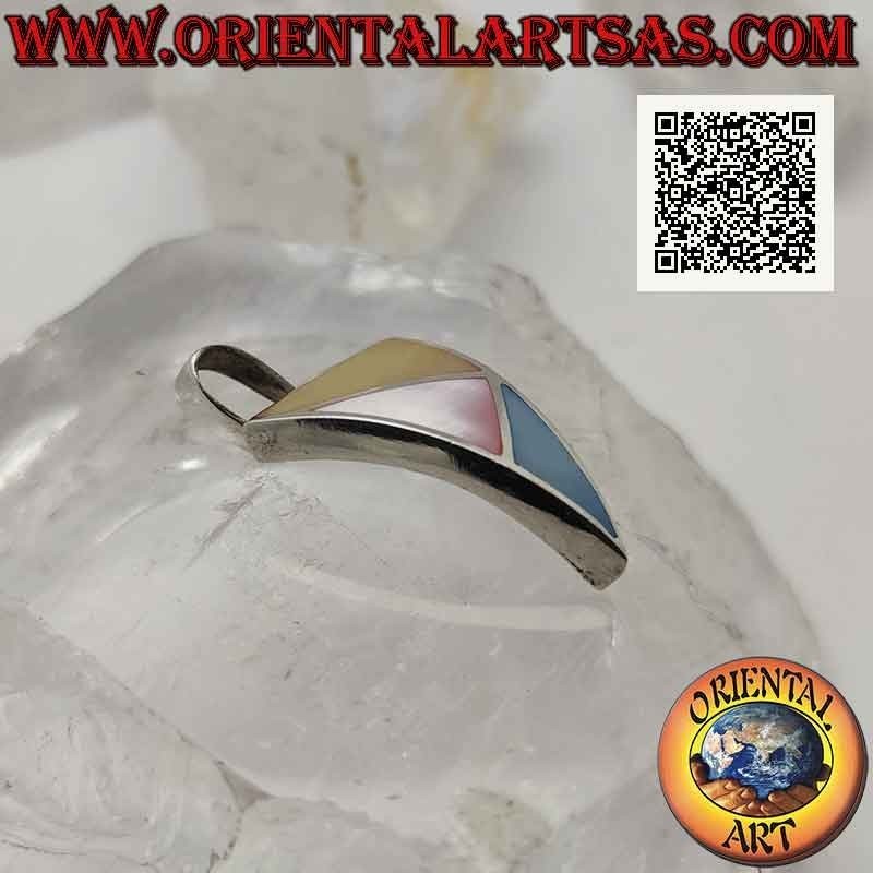 Curved triangular silver pendant with three scalene triangles of multicolor mother of pearl flush with the edge