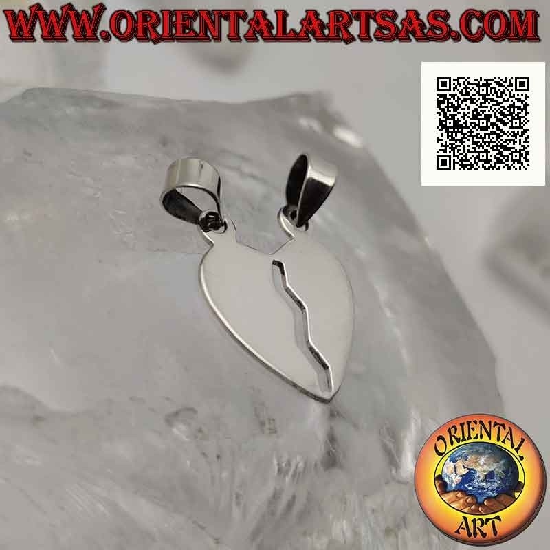 Double silver pendant, flat and smooth broken heart "sweet half" (divided but always united)