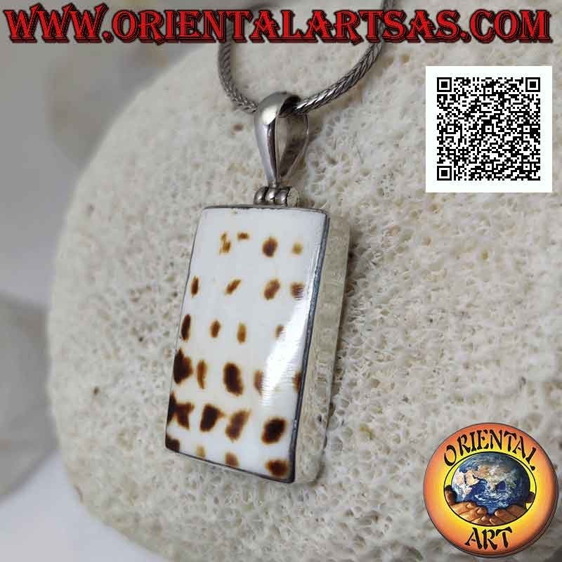Pendentif en argent avec une partie d'un gastéropode marin fossile (coquillage / conque) rectangulaire affleurant