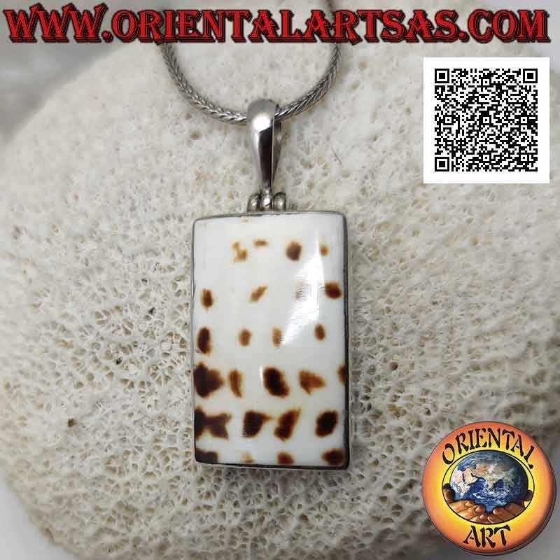 Ciondolo in argento con parte di gasteropode marino fossile (guscio/conchiglia) rettangolare a filo