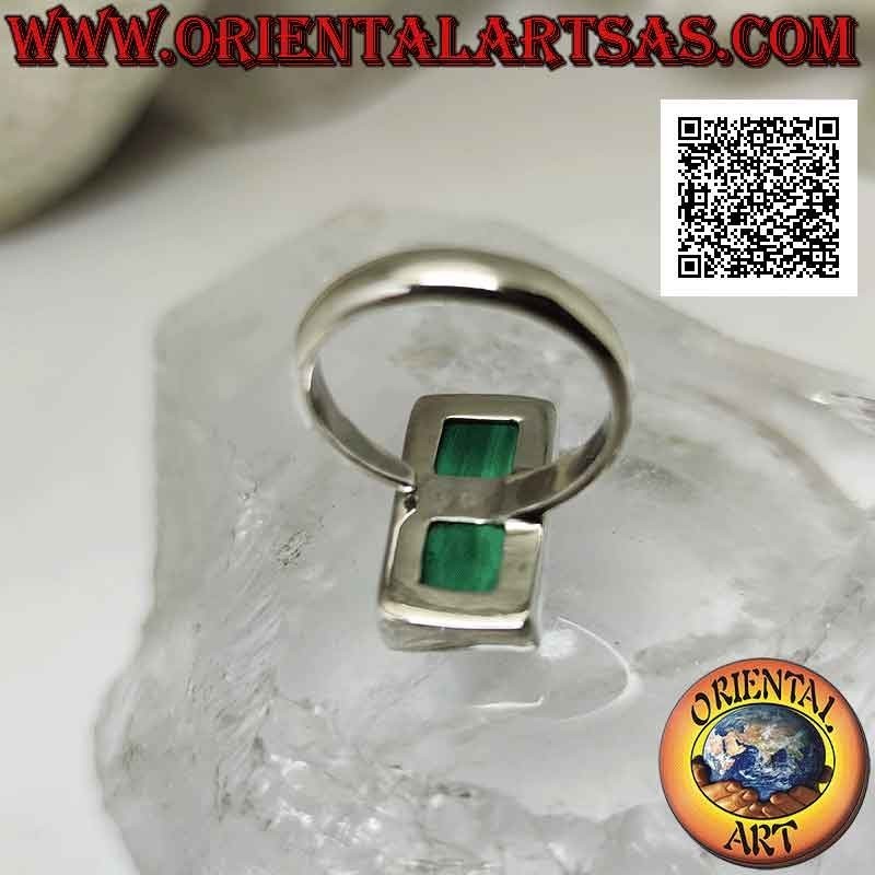 Silver ring with elongated rectangular malachite on smooth setting (adjustable)