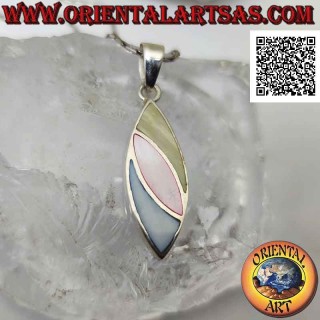 Colgante lanzadera de plata con tres bandas oblicuas de nácar multicolor al ras del borde