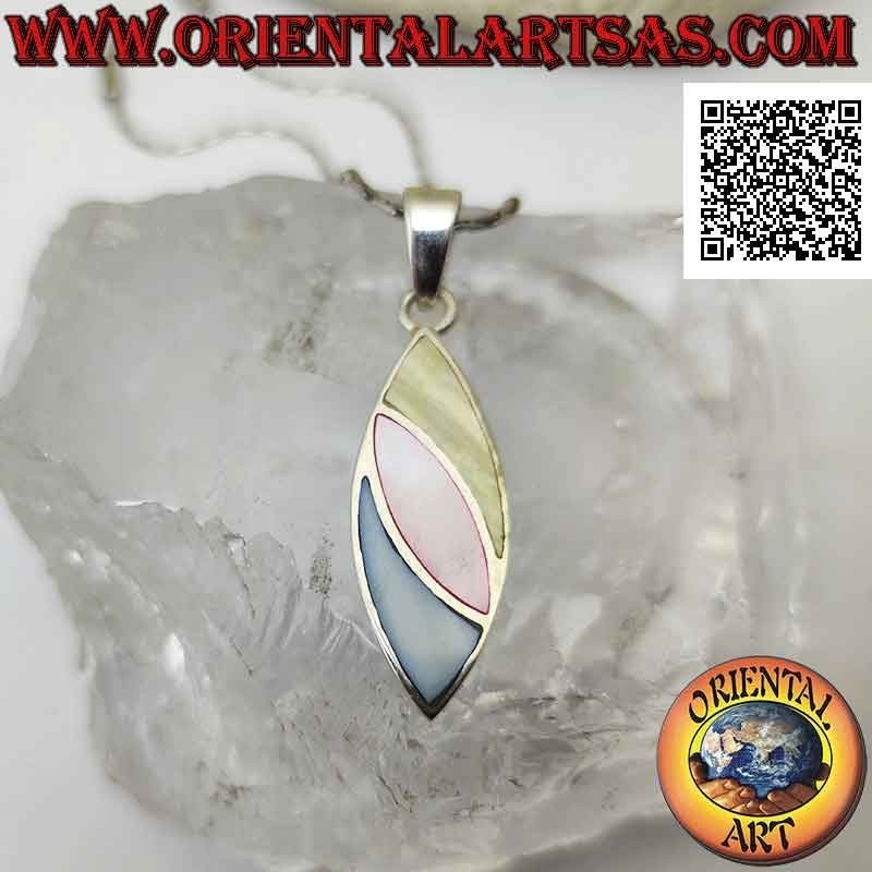 Pendentif navette en argent avec trois bandes obliques de nacre multicolore affleurant la tranche