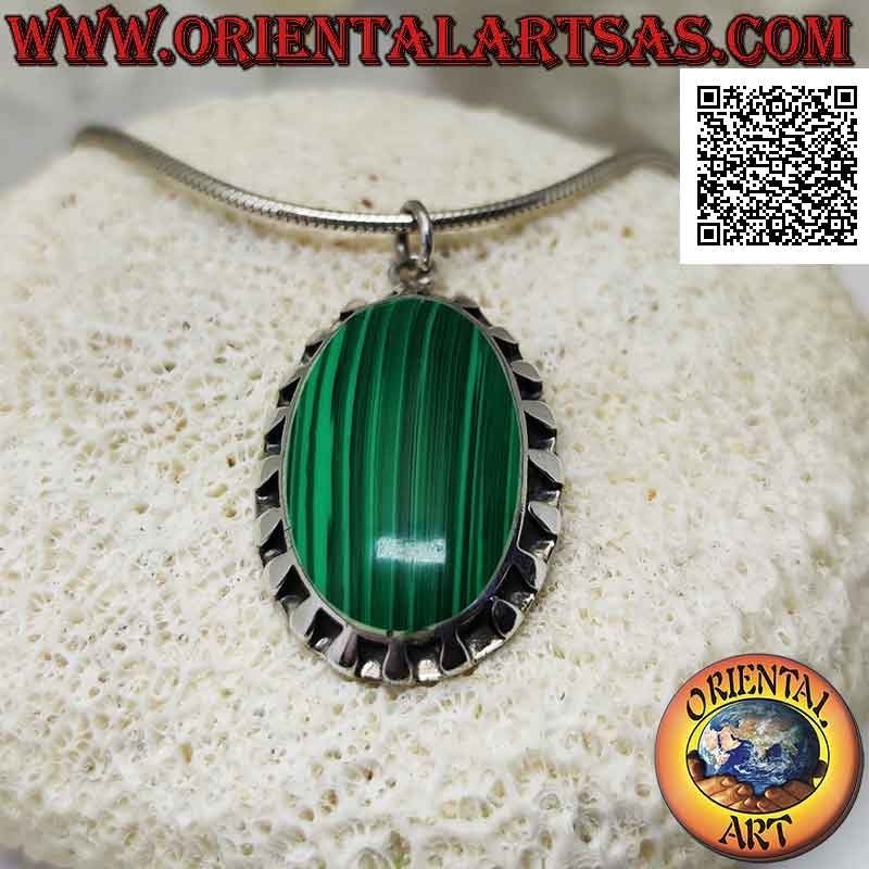 Silver pendant with large synthetic oval malachite surrounded by alternating smooth segments