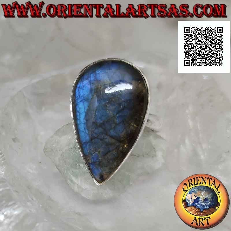 Silver ring with a large cabochon-shaped droplet labradorite on a smooth setting