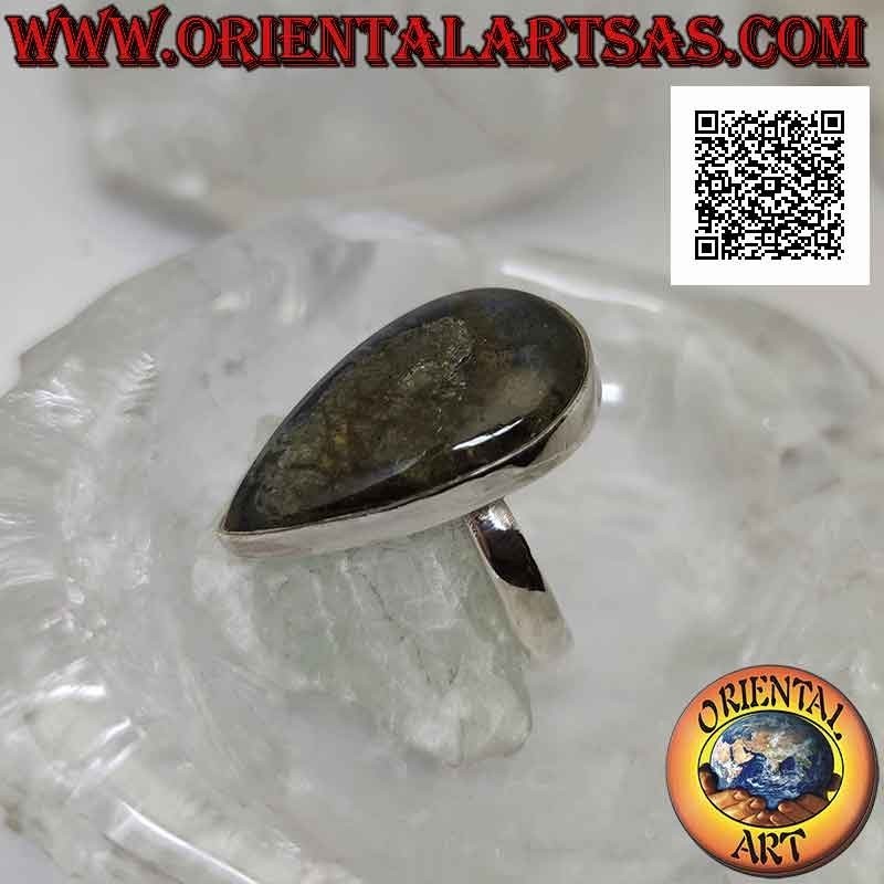 Silver ring with a large cabochon-shaped droplet labradorite on a smooth setting