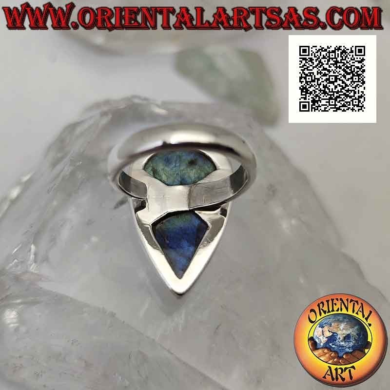 Silver ring with a large cabochon-shaped droplet labradorite on a smooth setting