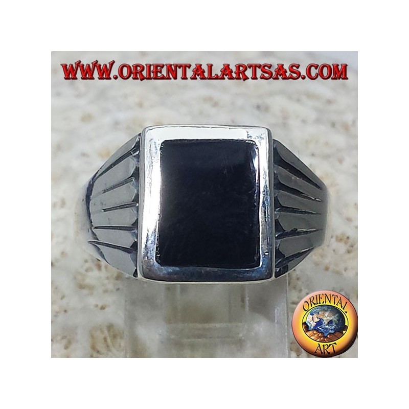 silver ring engraved lines, with Onyx rectangular