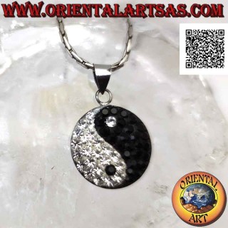 Colgante plano de plata "Tao" de 25 mm Ø yin yang tachonado de circonitas blancas y negras