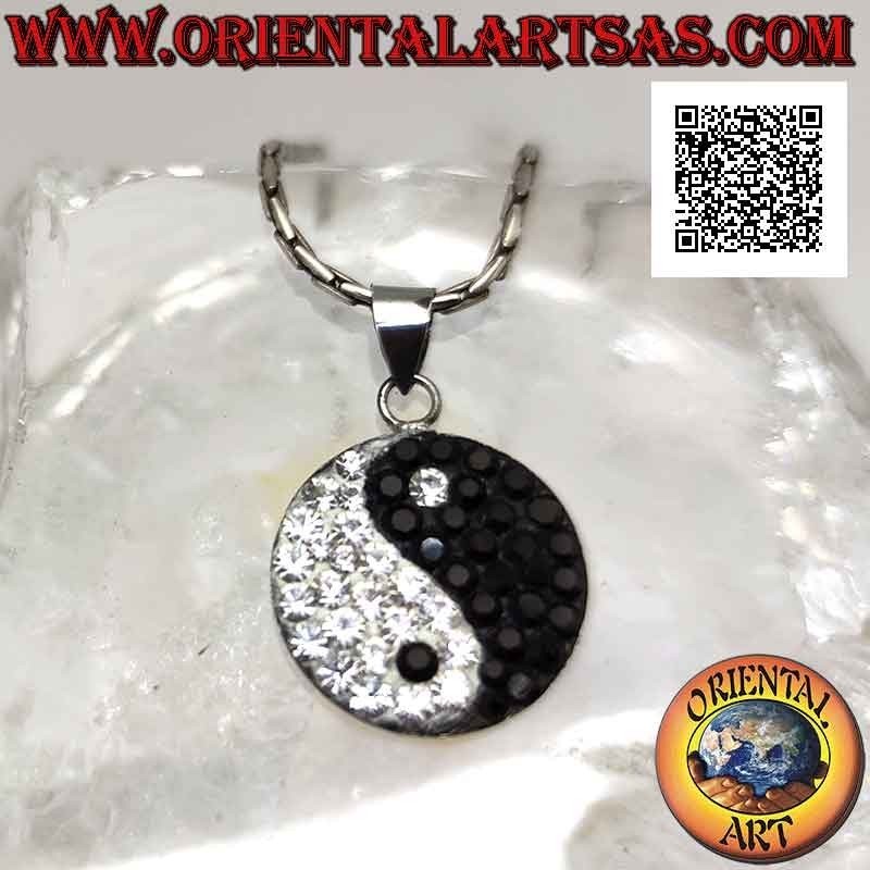 Flat 25 mm Ø yin yang "Tao" silver pendant studded with black and white zircons