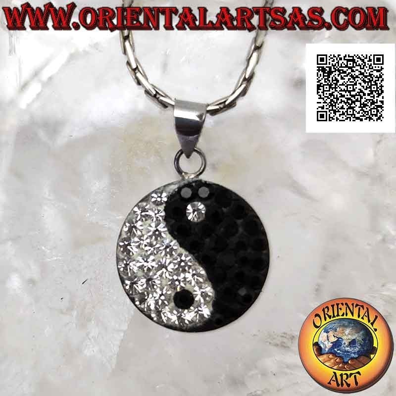 Pendentif plat 25 mm Ø yin yang "Tao" en argent serti de zircons noirs et blancs
