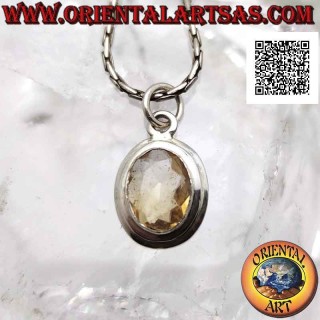 Silver pendant with oval natural yellow topaz on simple setting with flat smooth edge