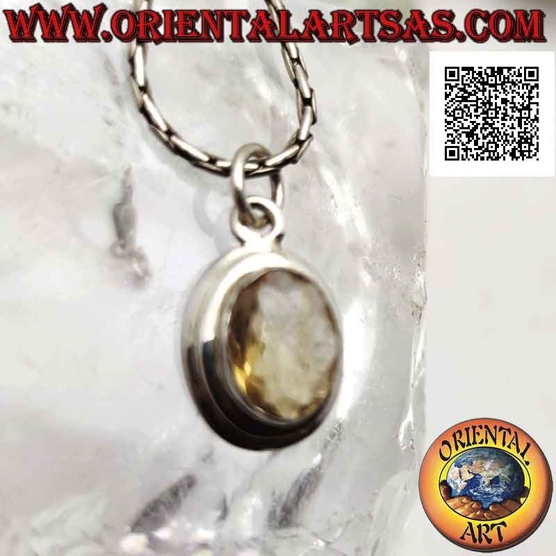 Silver pendant with oval natural yellow topaz on simple setting with flat smooth edge