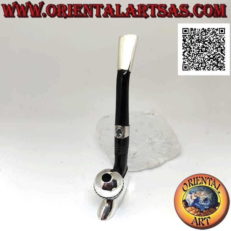 Cigarrillo "pipa" de jugador de fútbol en cuerno de buey e inserciones de plata 925 ‰ con topacio natural