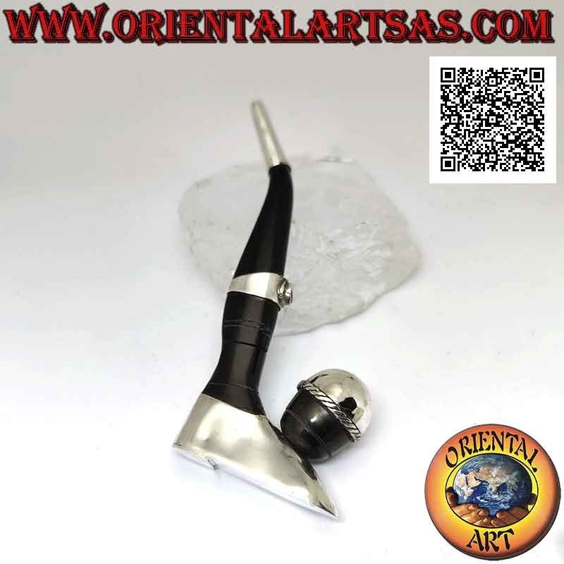 Soccer player's "pipe" cigarette holder in ox horn and 925 ‰ silver inserts with natural topaz