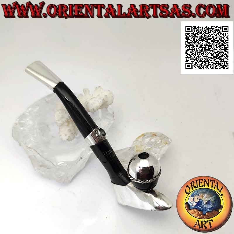 Fume-cigarette "pipe" de footballeur en corne de boeuf et inserts en argent 925‰ avec topaze naturelle