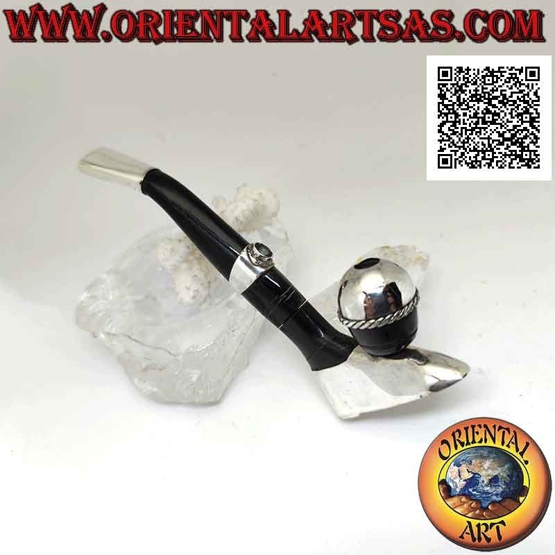 Fume-cigarette "pipe" de footballeur en corne de boeuf et inserts en argent 925‰ avec topaze naturelle