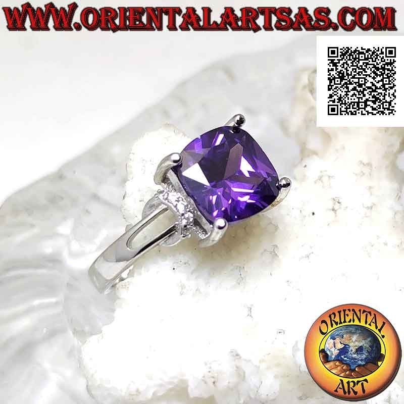 Silver ring with square synthetic amethyst set and zircon ring on the sides