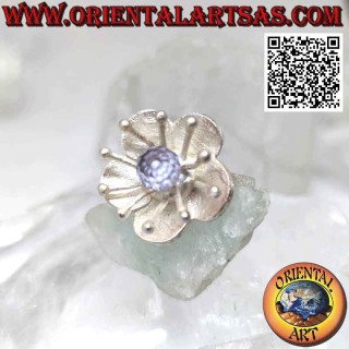 Blumenförmiger Ring aus satiniertem Silber mit Seeanemone und zentralem Zirkon