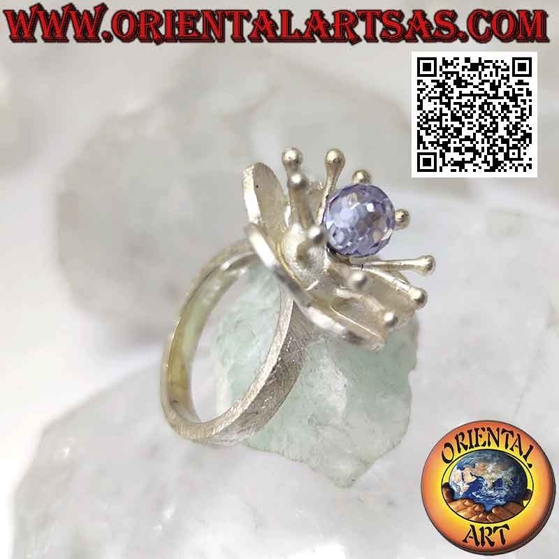 Blumenförmiger Ring aus satiniertem Silber mit Seeanemone und zentralem Zirkon