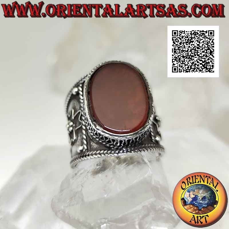 Wide band silver ring with large oval carnelian and handmade ethnic filigree decoration