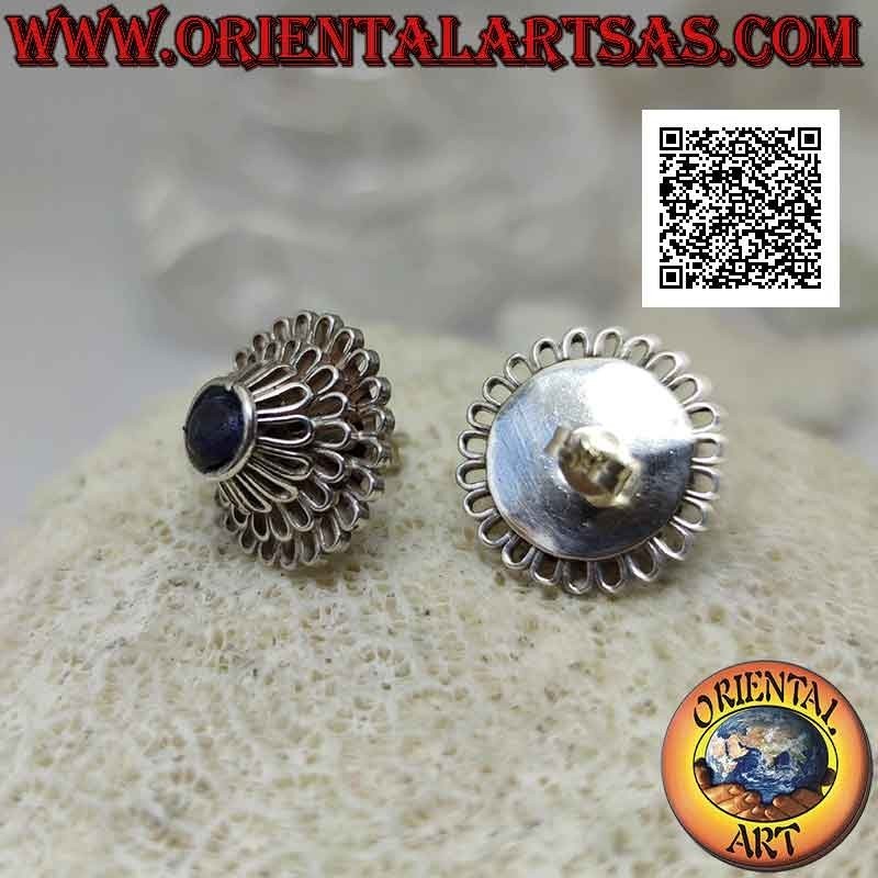 Pendientes de lóbulo de plata, "Peonía" (flor de mil pétalos) con lapislázuli redondo central