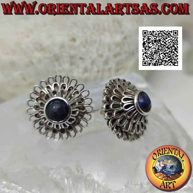 Boucles d'oreilles lobes en argent, "Pivoine" (fleur aux mille pétales) avec lapis lazuli rond central