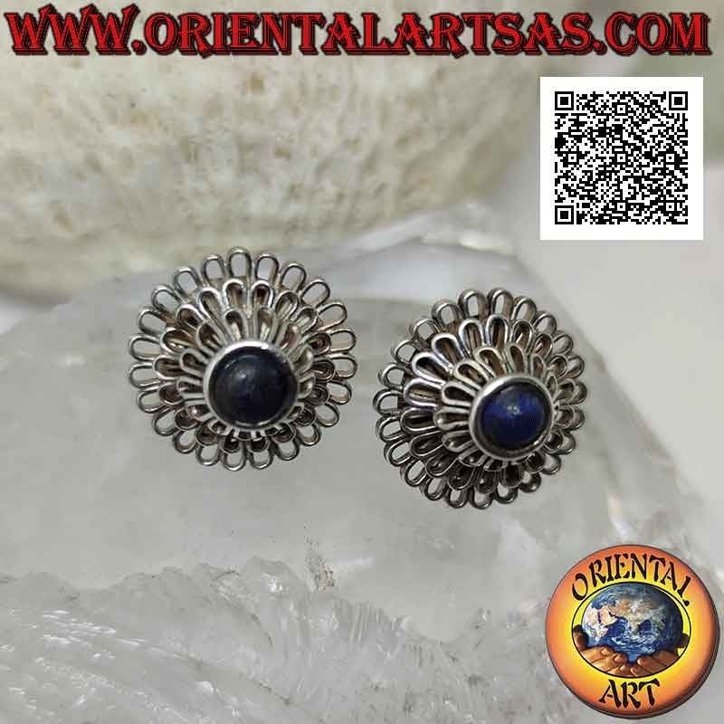 Boucles d'oreilles lobes en argent, "Pivoine" (fleur aux mille pétales) avec lapis lazuli rond central