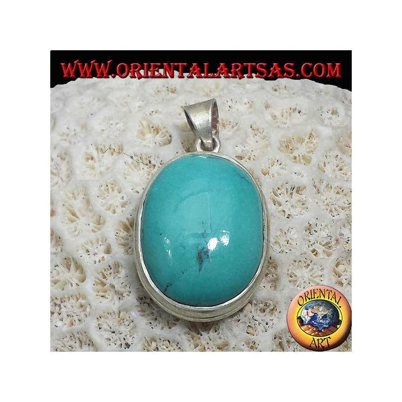 Pendentif en argent avec Turquoise naturelle tibétaine (Oval)