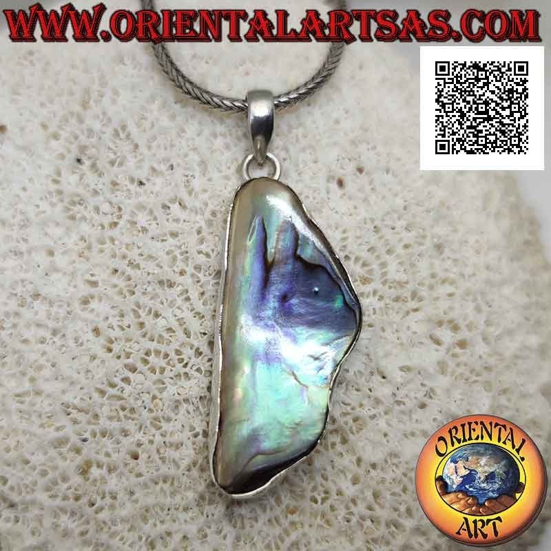 Pendentif en argent avec coquille de paua de forme irrégulière (ormeau) avec fil de bord lisse (B)