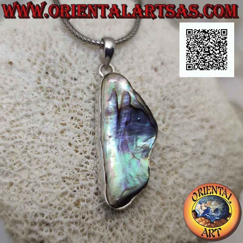 Pendentif en argent avec coquille de paua de forme irrégulière (ormeau) avec fil de bord lisse (B)