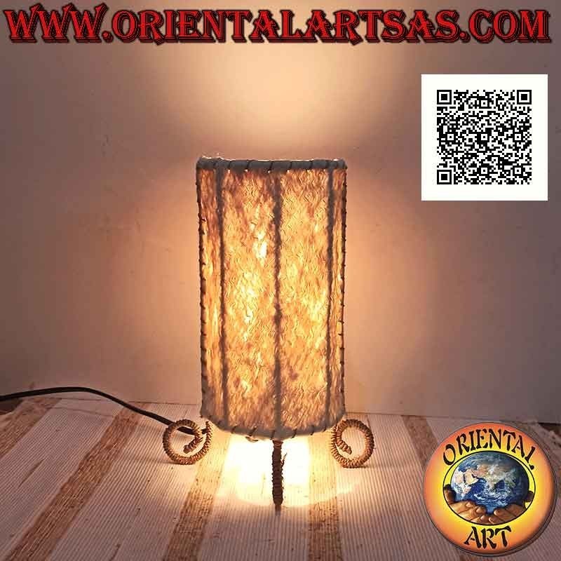 Lampe de table ethnique, "cylindre linéaire" avec un socle rond de 25 cm en écorce d'arbre