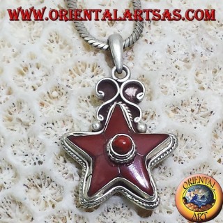 Ciondolo Stella Corallo Tibetano Antico Argento 925 Nepal - Pezzo Unico Oriental Art