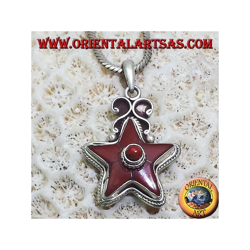 Pendentif Étoile Corail Tibétain Ancien Argent 925 Népal - Pièce Unique Oriental Art