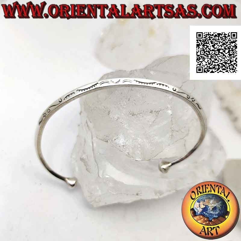 Bracelet rigide en argent 925 ‰ rhomboïde avec arches gravées décorées et boule terminale