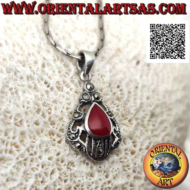 Silver pendant with teardrop carnelian surrounded by perforated decoration studded with marcasite