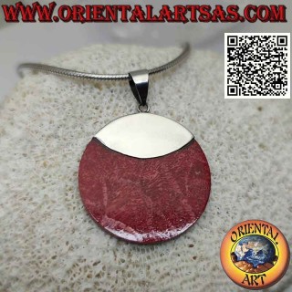 Ciondolo di madrepora rossa (corallo)  tonda  con gancio in argento