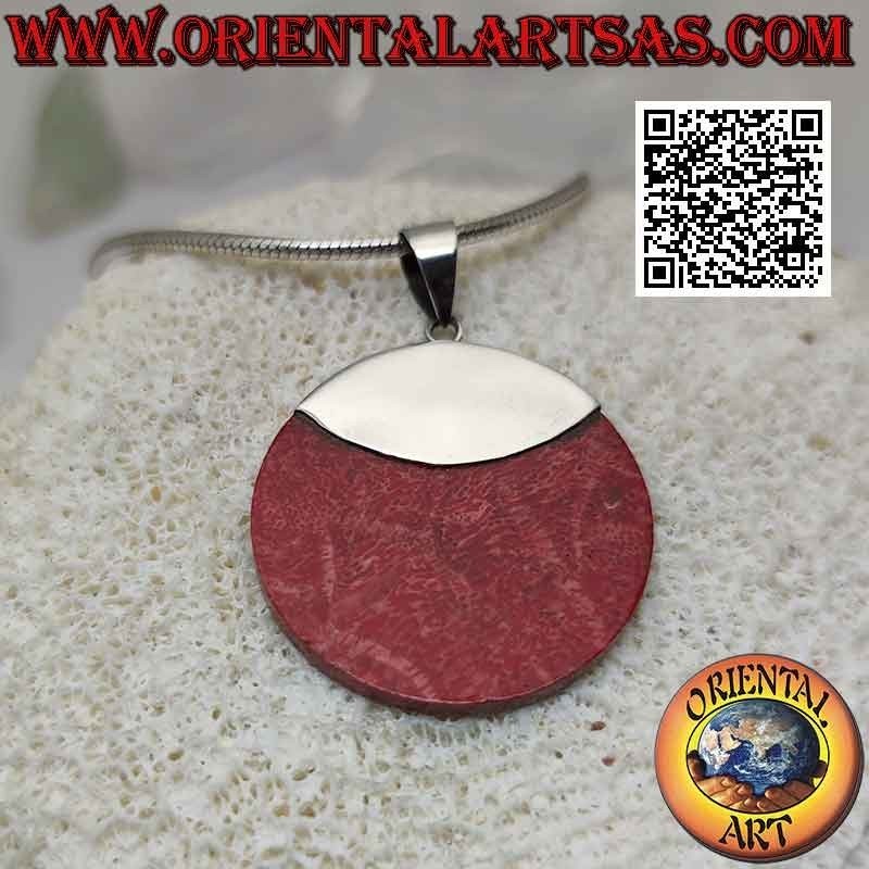 Pendentif rond en corail rouge (corail) avec crochet en argent