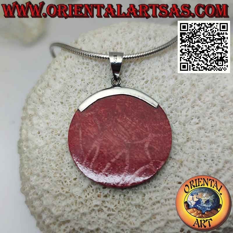 Pendentif rond en corail rouge (corail) avec crochet en argent