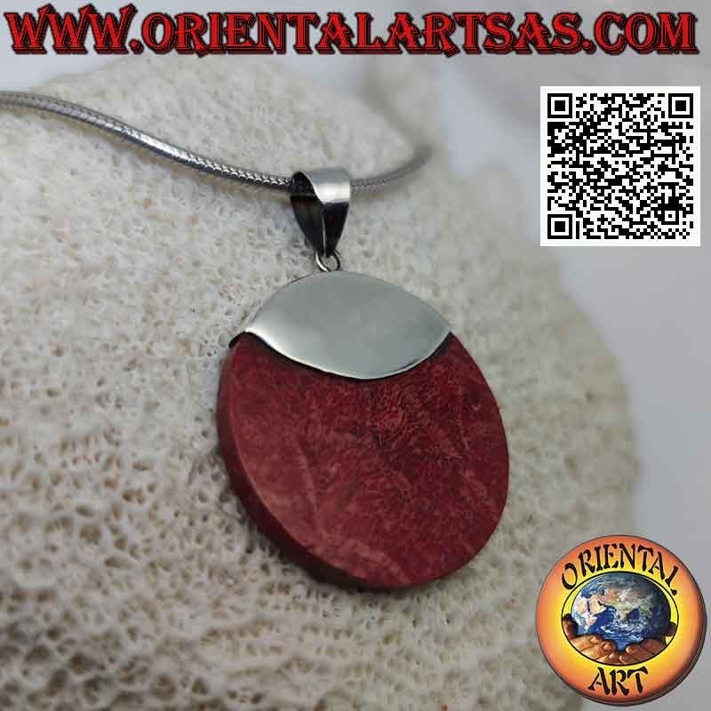 Pendentif rond en corail rouge (corail) avec crochet en argent