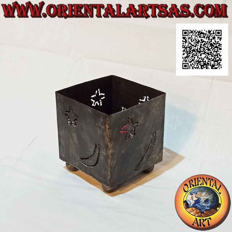 Hand made "stars and moon" openwork square candle holder in wrought iron