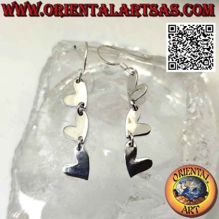 Silver leverback earrings with trio of smooth hanging flat hearts