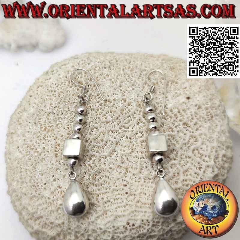 Silver earrings with a row of balls, a cube and a large smooth drop