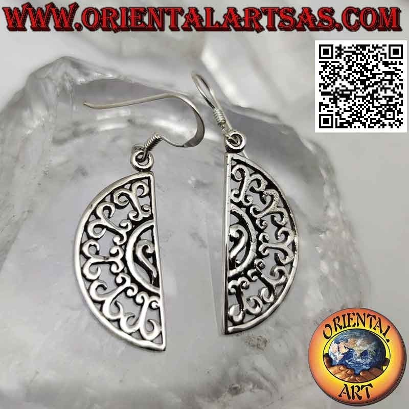 Silver leverback earrings with a semicircle with perforated ethnic decoration